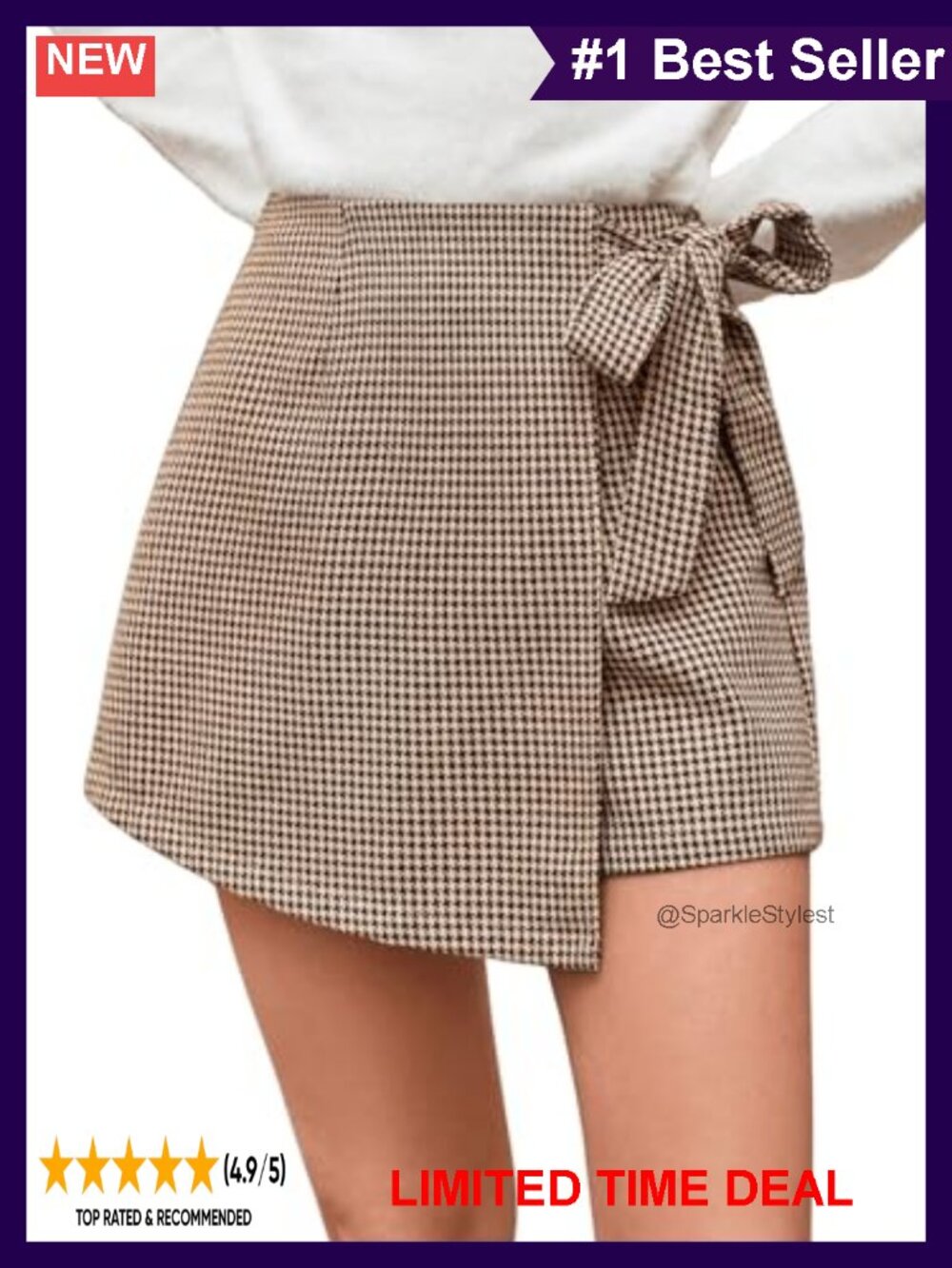High Waisted Houndstooth Skort Asymmetrical Tie Front Summer Workwear